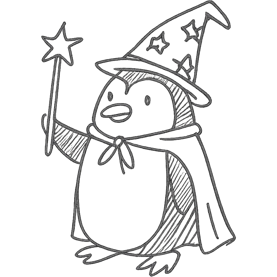 A penguin wizard in hand drawn style emoji