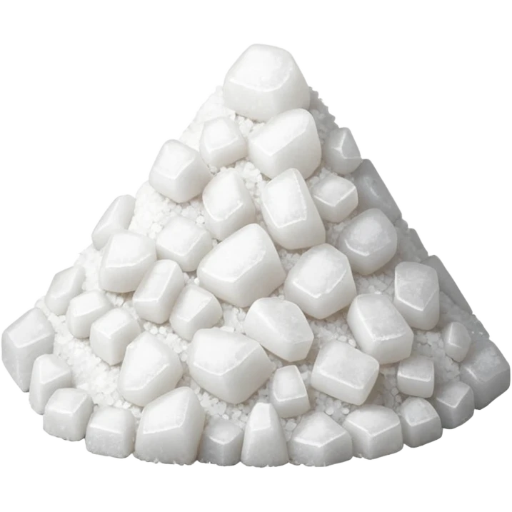 small mound of irregular, coarse white salt crystals, angular and uneven, slightly translucent, crunchy look, grains glint softly in light, no spoon or container, transparent background, emoji scale, apple emoji style emoji