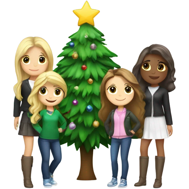 A Christmas tree that says “besties “ with three girls , 2 brunettes and a Blonde next to the tree  emoji
