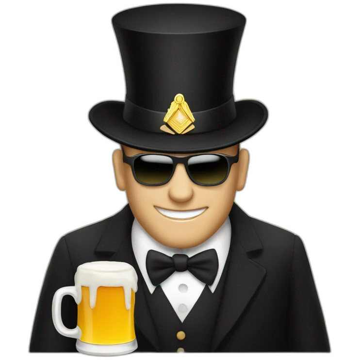 man in black Masonic, black top hat, white tie, with a mug of beer emoji