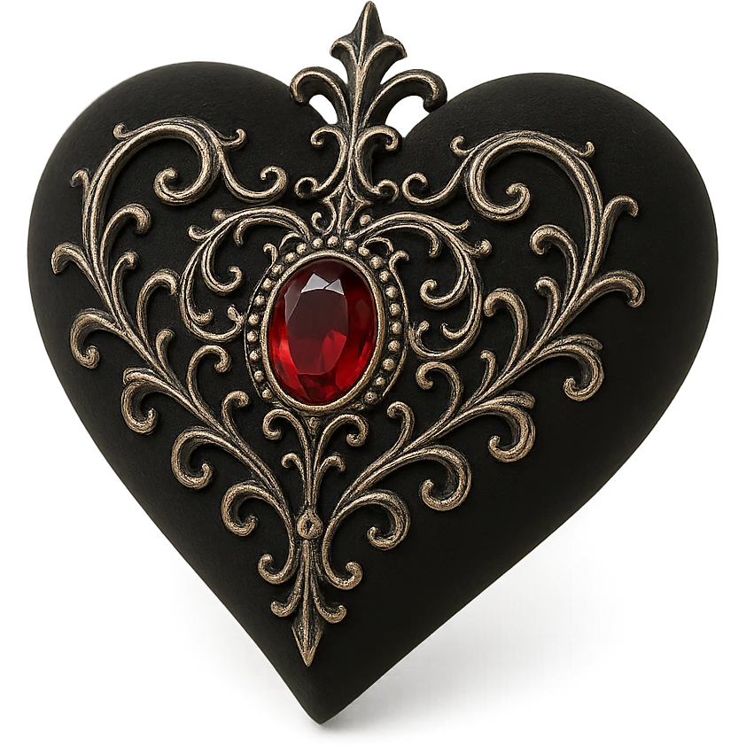 gothic heart in 3D black style, black velvet texture, silver filigree details, deep red gemstone centerpiece, ornate and dramatic design emoji
