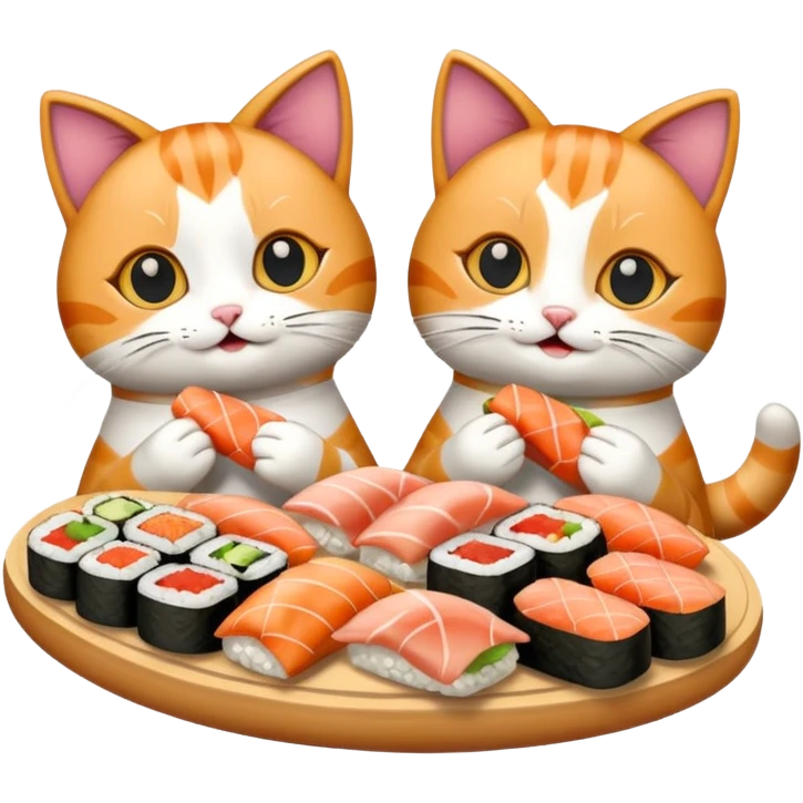 two happy cats eating sushi and pizza and donuts emoji