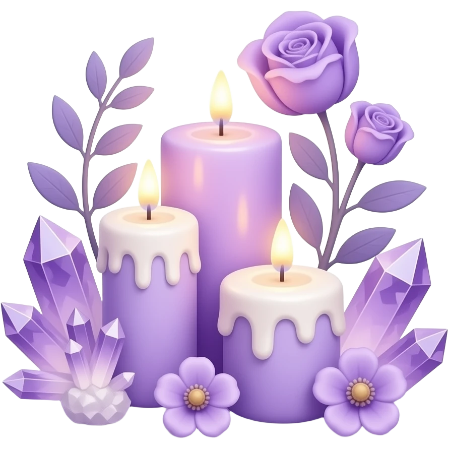 Aesthetic scenic romantic lavender lilac pastels beautiful gorgeous holy divine spiritual pretty elegant sparkly shiny scene of Candles, flowers, plants leaves, amethyst crystals, scenic aesthetic scenery Transparent background emoji