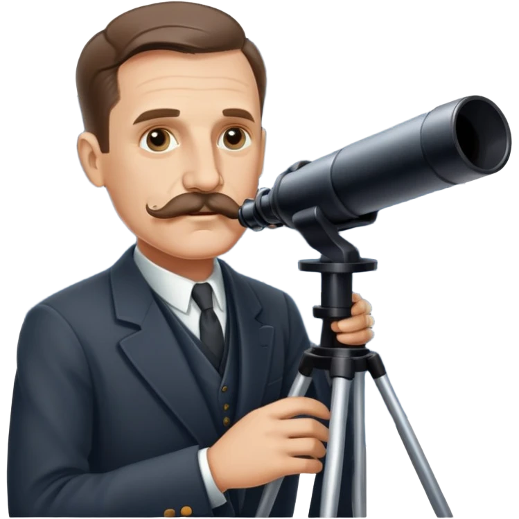 Astronomer Edwin Hubble with mustache, wearing a suit, looking through a telescope with stars in the background emoji