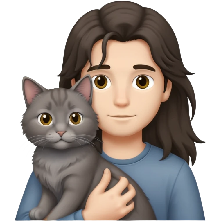 A Brunette boy holding a longhair grey cat emoji