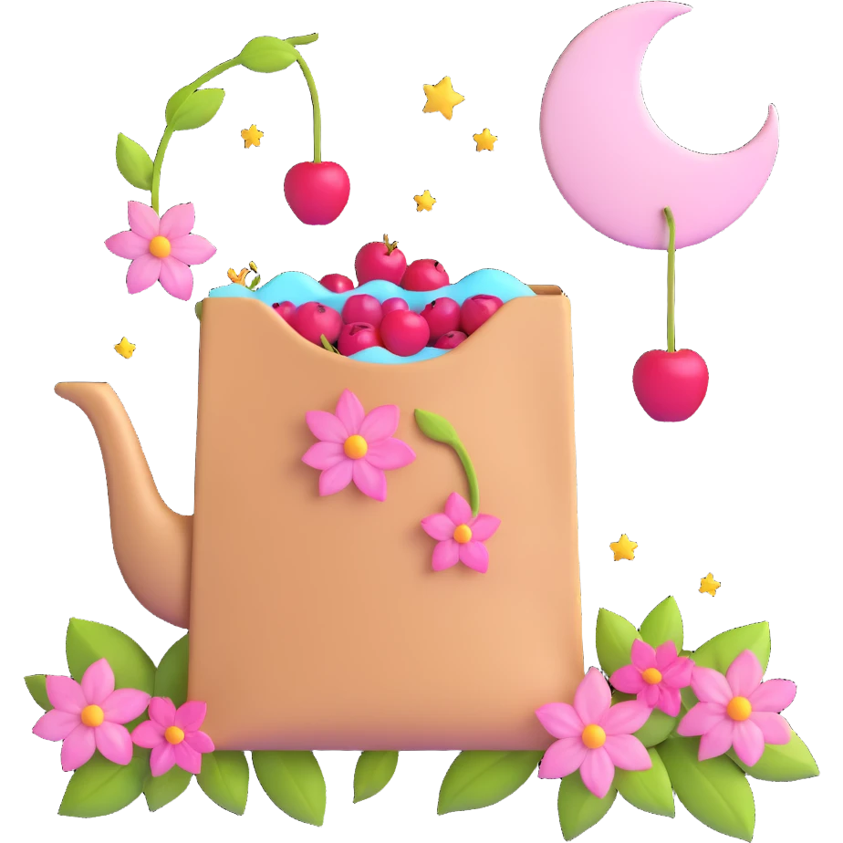 a tea bag with pink flowers, cherries, and a moon and stars, light pink background emoji