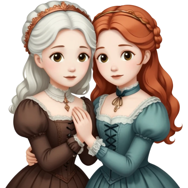 Two modest Victorian women hugging, one with white hair and one with copper hair, wearing Victorian era dresses emoji