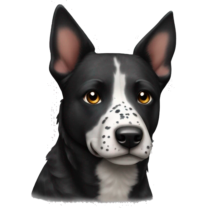 Black cattle dog with pointy ears and white be stripe down nose and spotty chest  emoji