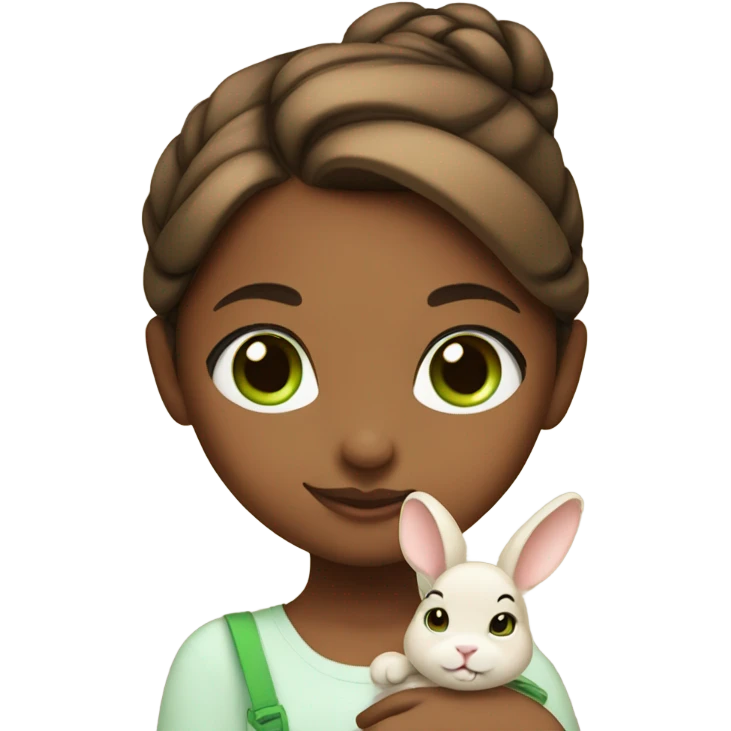 girl hair in bun with green eyes with cute brown bunny emoji