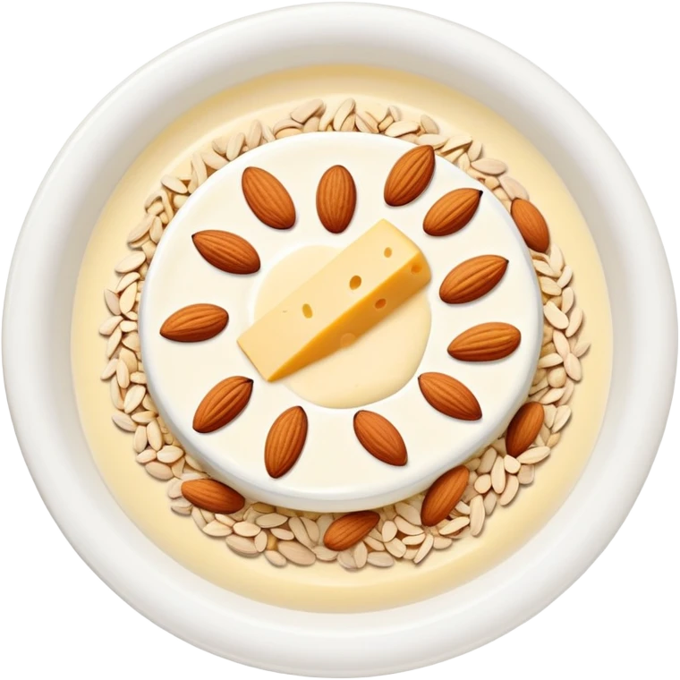 A glowing white leg bone in the center, surrounded by floating calcium-rich foods: yogurt, shredded cheese, almonds, and sesame seeds. All items are floating and slightly shining, arranged in a circle around the bone. emoji