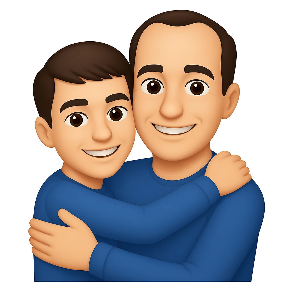 Make the son a 15 year old with dark brown hair, and the father a 39 year old good looking man with a crooked hairline, in the style of apple emojis. The style is colorful, simple, and iconic like apple emoji style. emoji