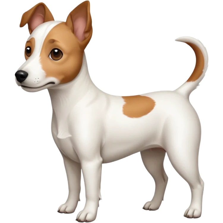 a full body white jack russel looking dog the size of a kelpie with light brown ears and a light brown patch on one eye, flopped down ears and a large snout emoji