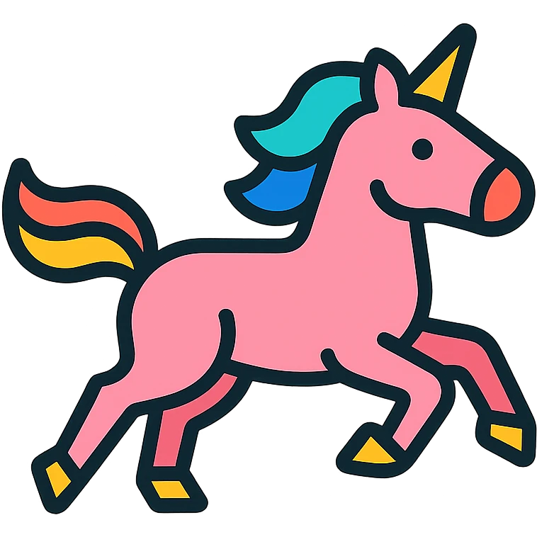 a running unicorn icon with playful rainbow palette, transparent background, designed for logo use emoji