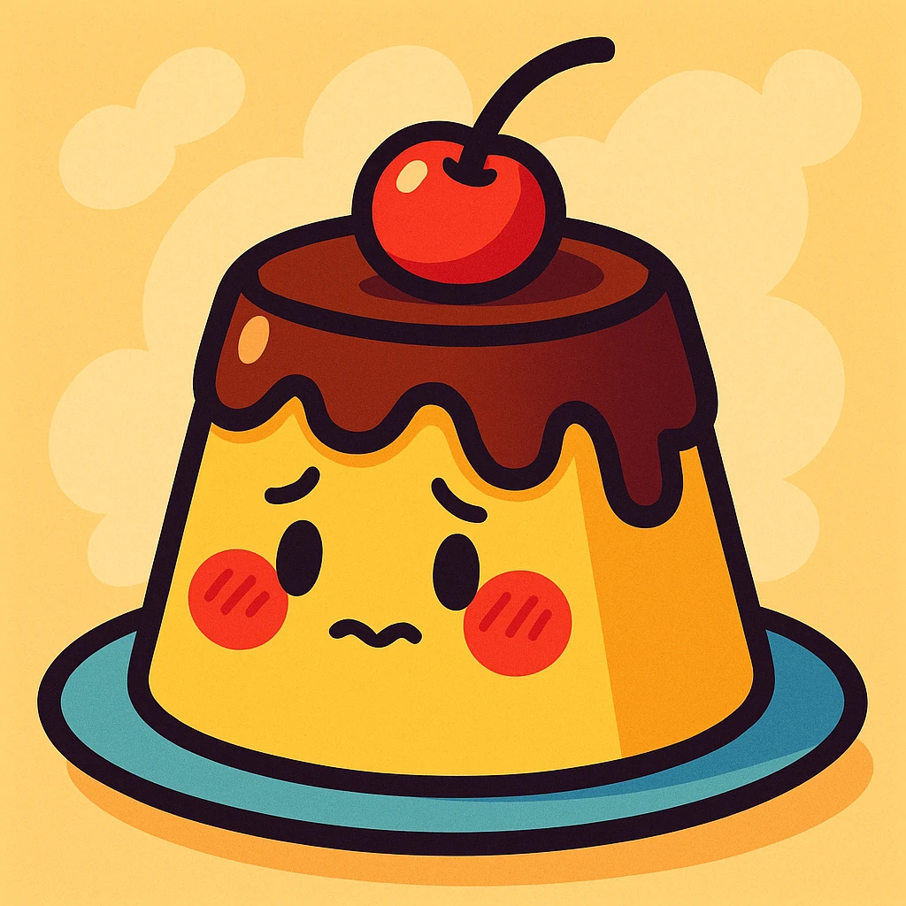 shy pudding with blushing cheeks, cherry on top, creamy soft background, vibrant toon style emoji
