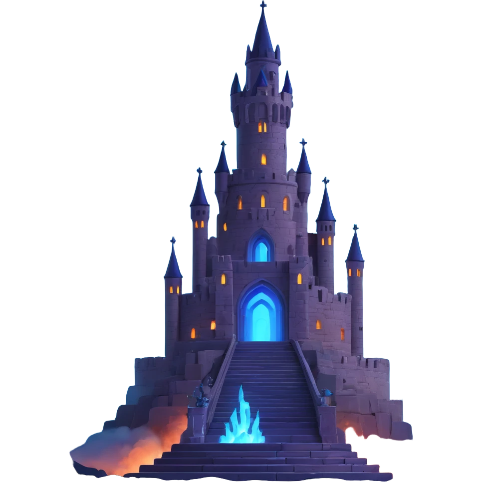 photorealistic 3D gothic stone tower wide base spiraling upward surrounded by detailed citadel spiral ramps tower touching nebula-filled night sky lit by glowing blue torches moonlight spiritual arcane atmosphere emoji icon emoji
