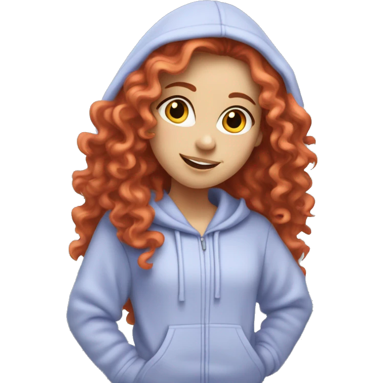 a white girl with long red curly hair, wearing a pastel periwinkle hoodie doing a pose emoji