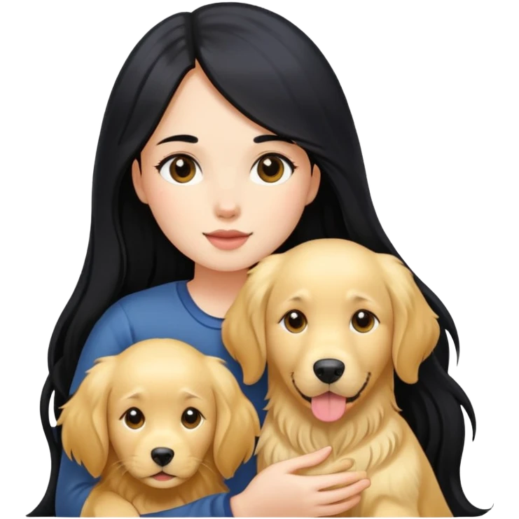 A girl with long black hair is holding a golden retriever emoji