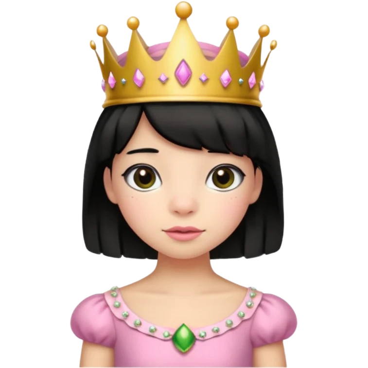 frog with black hair and short bangs with a crown pink bow and pink princess dress emoji
