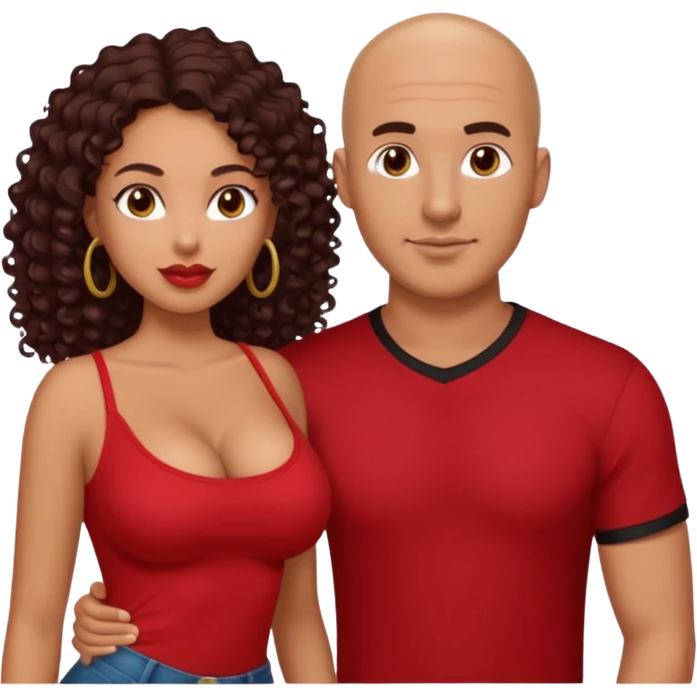 A picture of a sexy tanned couple. the guy is Mexican, with a bald hair cut and a red shirt. the girl is mixed, she has curly longer dark brown hair, and with big boobs and wearing black shirt  emoji