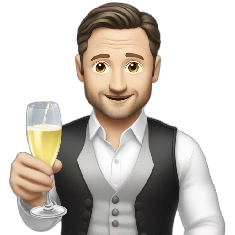 tim robinson dark black slicked back hair white shirt with a light grey vest spraying champagne emoji