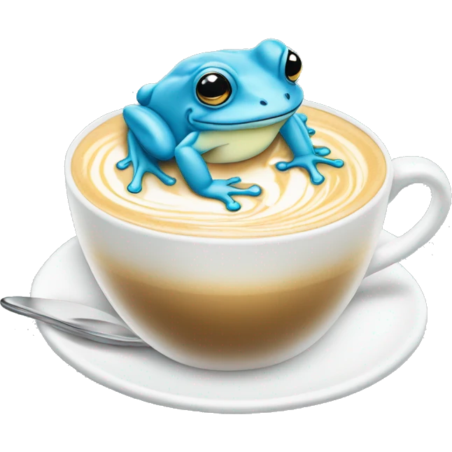 hand drawn baby blue frog sipping a latte with with latte art emoji