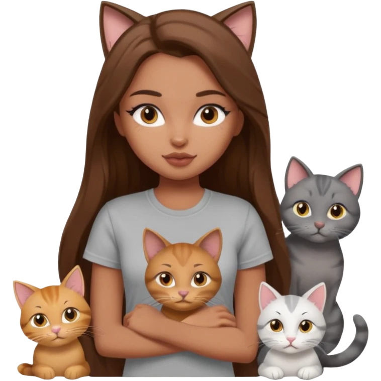 a pretty bratz dusky girl with long brown hair with six cats nd wearing a grey tshirt emoji