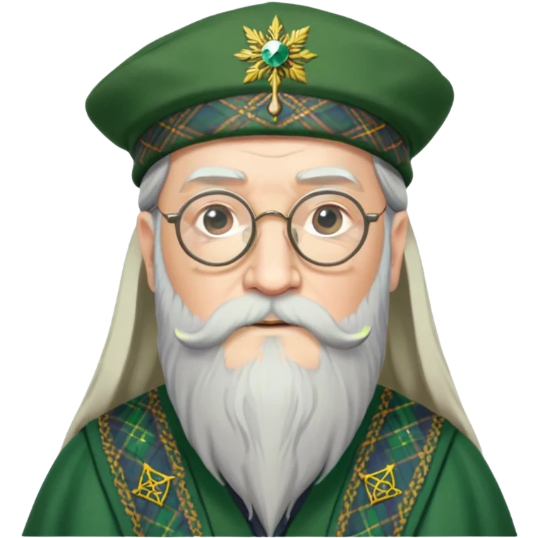 Dumbledore wear green scotland Tam o'shanter cap with decorative patterns, wear glasses, very long beard emoji
