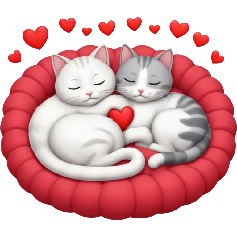 White cat and gray cat sleeping together in a bed full of hearts emoji