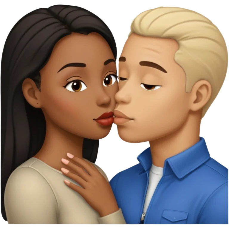 A black woman with a light skin man kissing  emoji