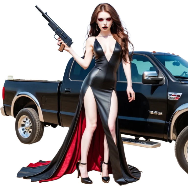 Lilith symbol red eye seductress evil long brown haired sexy succubus woman with leather long dress with slit, sitting in Big Large F350 pickup truck. Black Platform high heels on feet. Back of truck full of stacks of cash, and a man human skull with a gun in other hand emoji