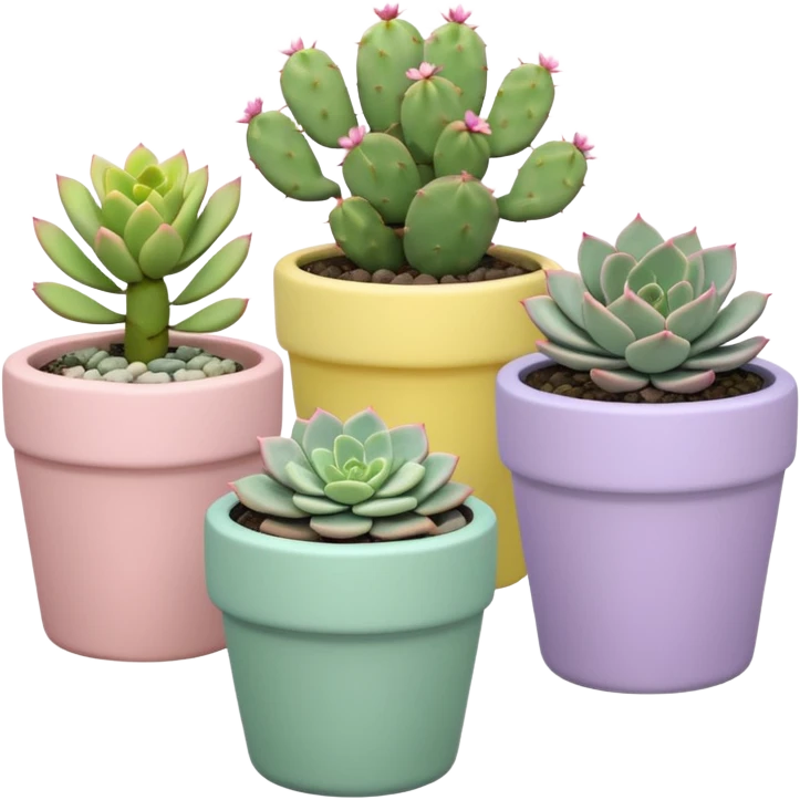 A pastel pink ceramic pot with a sedum succulent, a pastel green ceramic pot with a graptopetalum succulent, a pastel yellow ceramic pot with an echeveria succulent, and a pastel purple ceramic pot with a flowering cactus. All are cylindrical and placed separately on the floor. emoji