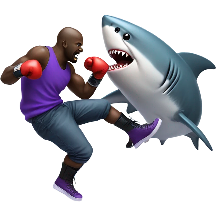 purple shaq punching a realistic shark with boots with boxing gloves emoji