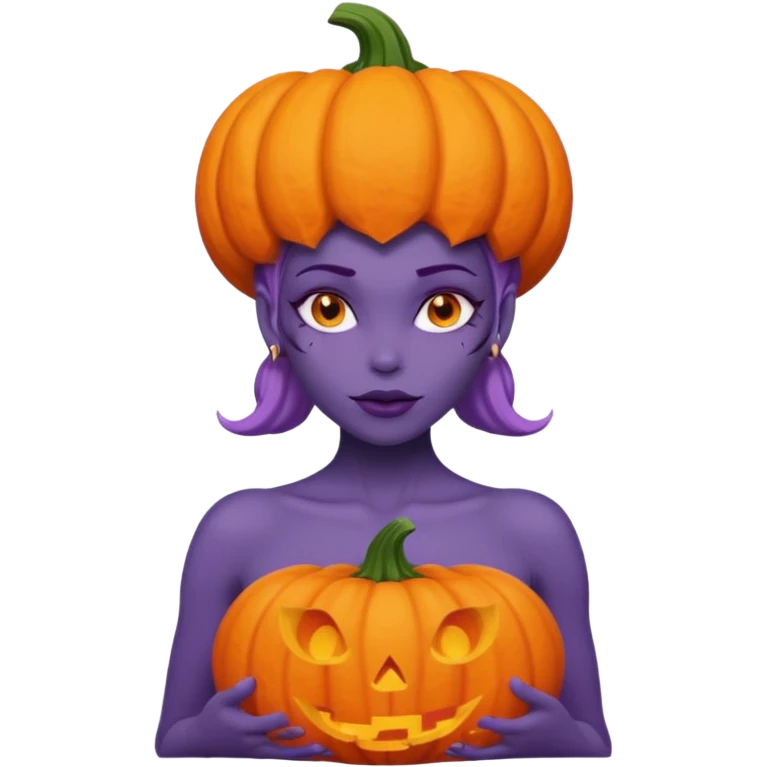 A nude woman with bare chest and wears a carved pumpkin on its head with purple skin emoji