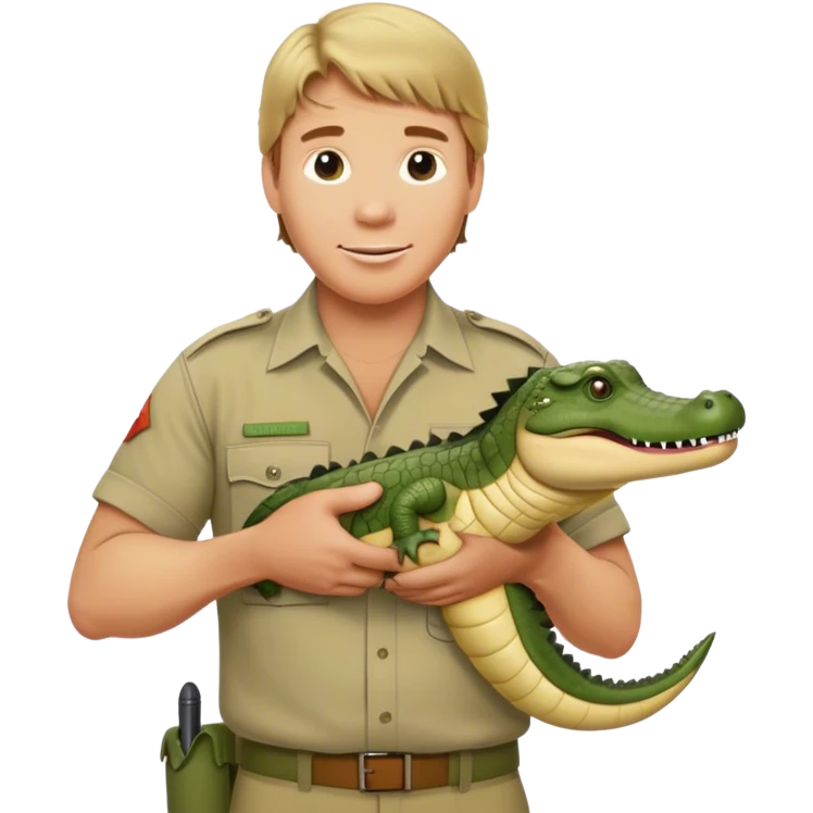 Cinematic Realistic Steve Irwin Portrait Emoji, in his signature khaki attire, holding a crocodile or giving an excited thumbs-up. The scene is lit with vibrant, natural sunlight, emphasizing his adventurous spirit and deep connection to nature. emoji