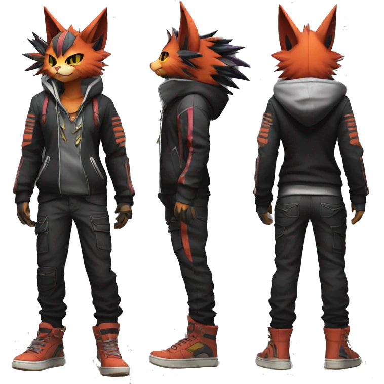 Cool Anthro Noivern-Litten-Cat-Pokémon with edgy stripes hoodie spiked collar punk techwear Cargo Pants Full Body emoji