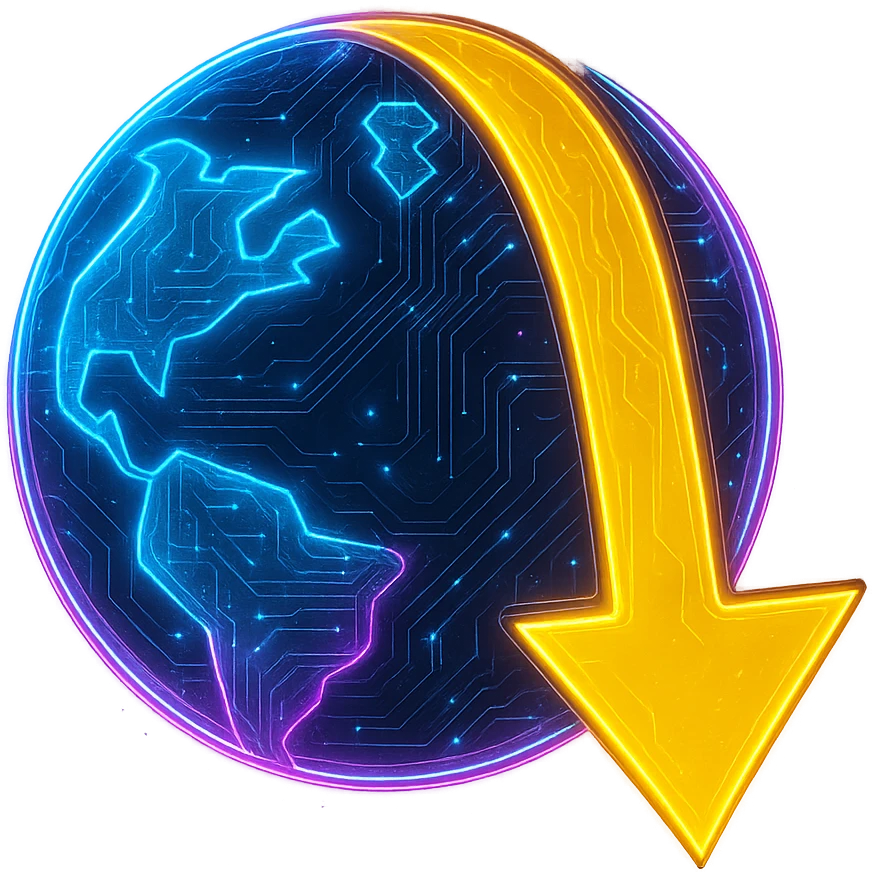 Transform the JDownloader logo into a cyberpunk, holographic style with glowing neon blue and pink edges and circuit patterns throughout the entire icon. Maintain the recognizable globe and yellow arrow, keeping the yellow color prominent, while overlaying neon and circuit effects in a futuristic, clean cyberpunk style with consistent glow and intricate circuit details. The background should be transparent. emoji