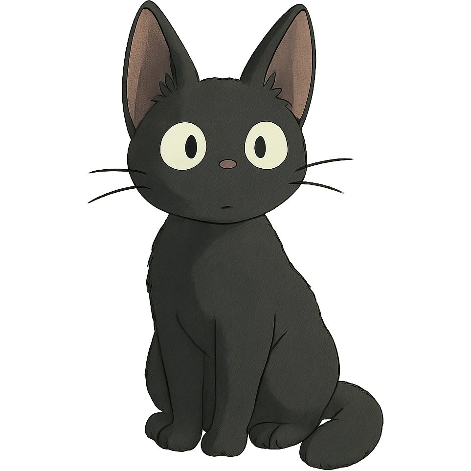 a young black cat sitting, ghibli style emoji