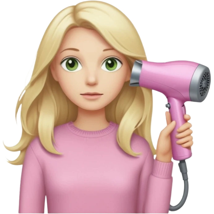 blonde with long hair and pale green eyes in a beige sweater holding a pink Dyson hair dryer, iOS emoji style emoji