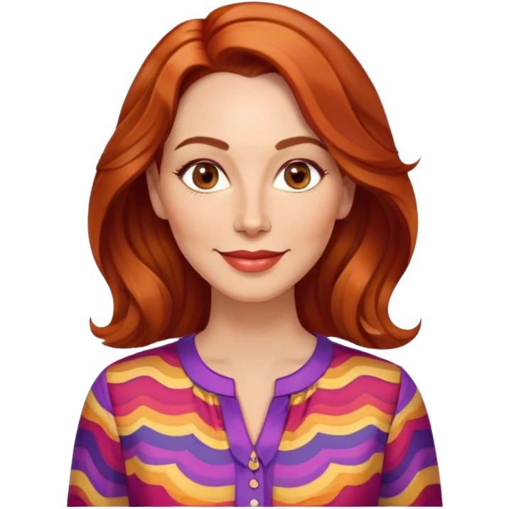 Woman in her 40s with elongated face, soft features, prominent cheekbones, friendly warm smile, medium almond-shaped brown eyes, defined eyebrows, straight nose, medium lips, vibrant red wavy hair, wearing a colorful blouse emoji