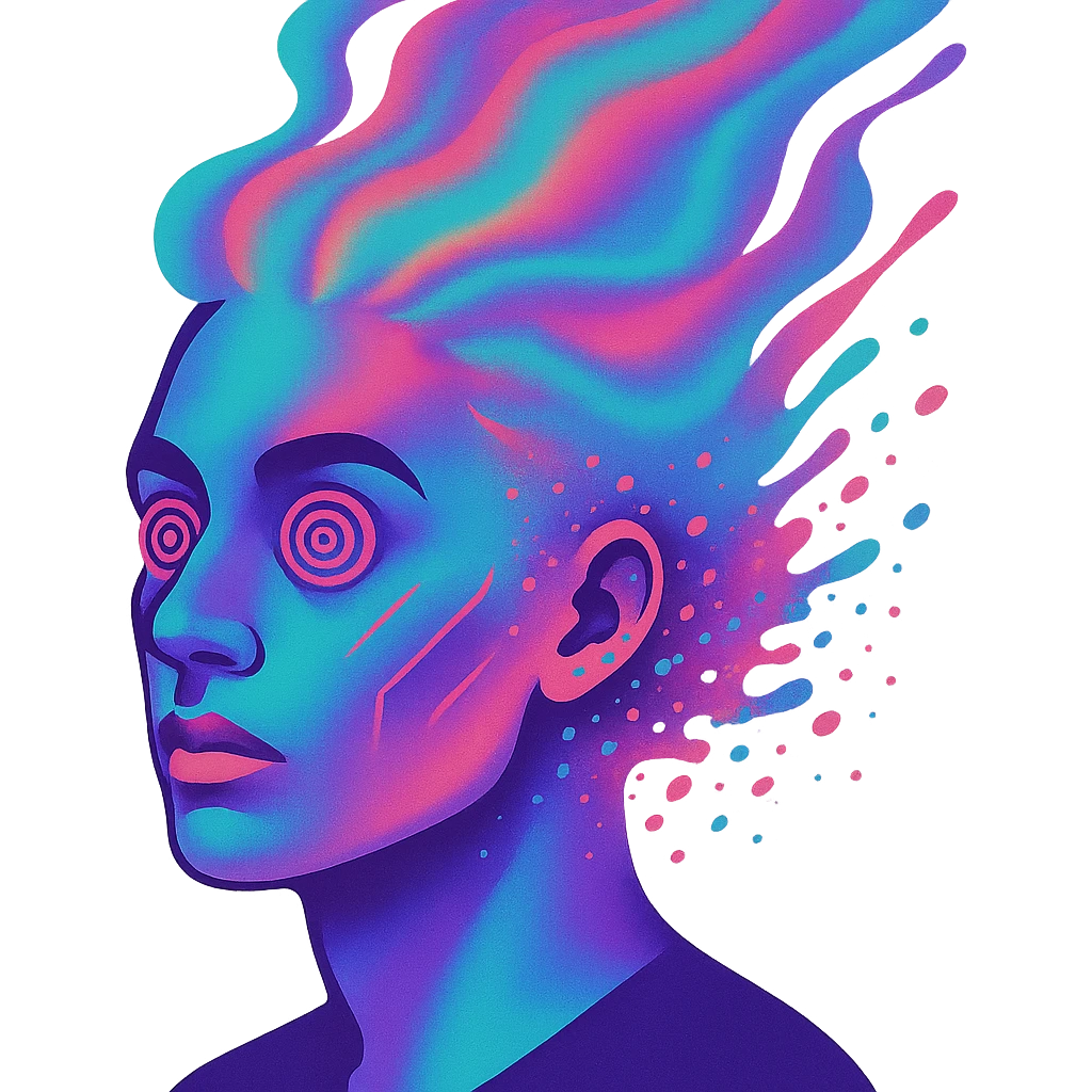surreal portrait of a person with neon skin, face dissolving in an explosion of colors, airbrush effect, hair as swirling liquid color streams like northern lights, hypnotic spiral eyes, geometric elements along face contour, paint particles flying away, acid purple, turquoise, and electric pink blending, sense of movement emoji