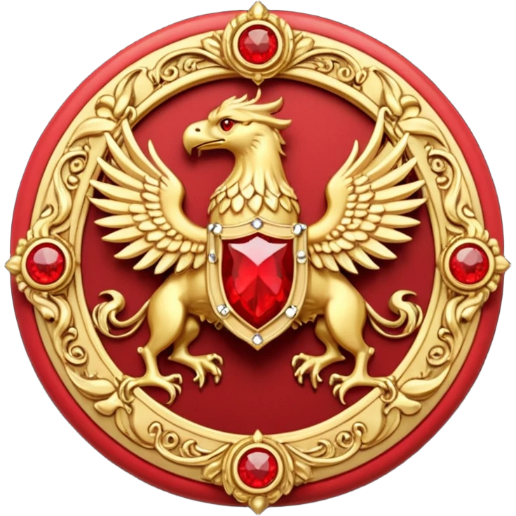 Golden griffin crest / brosch in a circle with two red gems and no background emoji