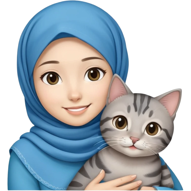 Asian white girl wearing cute blue hijab holding a black grey tabby cat while smiling emoji