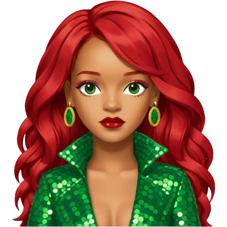 Rihanna with long red hair, green sequin outfit emoji
