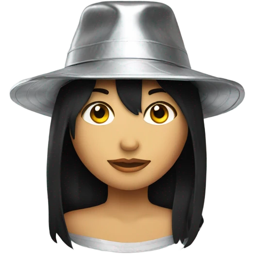 Girl with black hair wearing a hand made hat made of aluminum foil emoji