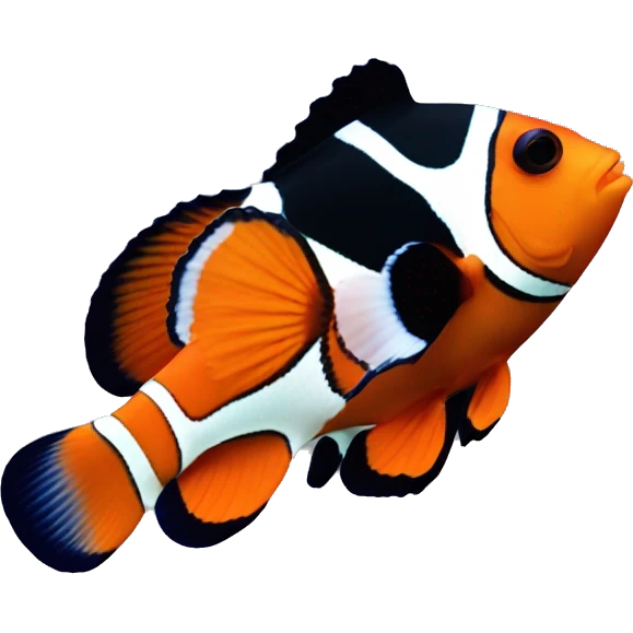 a clownfish in coral reefs and the clownfish has an orange body and black and white stripes. emoji