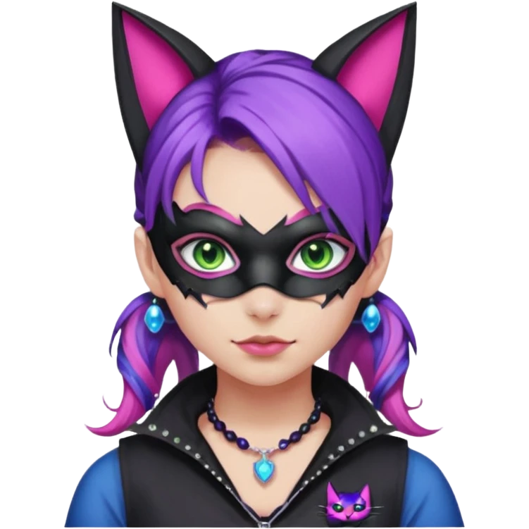 Girl with green eyes, wearing a bat mask with pink stones around her eyes, her hair tied in a ponytail, the hair is purple with blue and pink streaks, with black cat ears with pink stones around, wearing a black shirt that covers the neck, and a sleeveless blue jacket, and a necklace of pink stones emoji