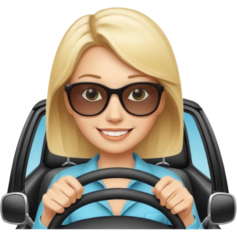blonde woman driving car. Happy face confidence emoji