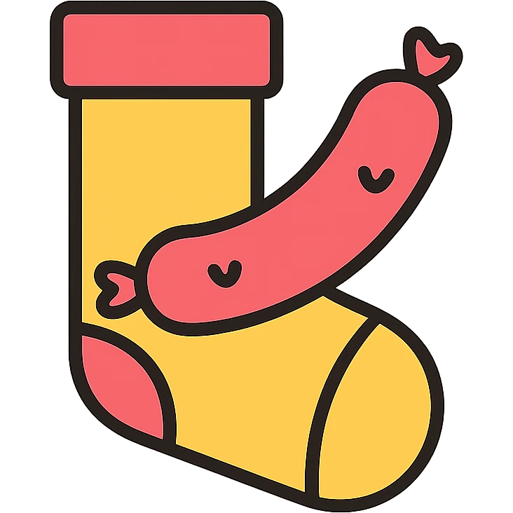 playful icon of a sock with a sausage, simple and bold, clear lines, minimal color palette, suitable for an app icon emoji