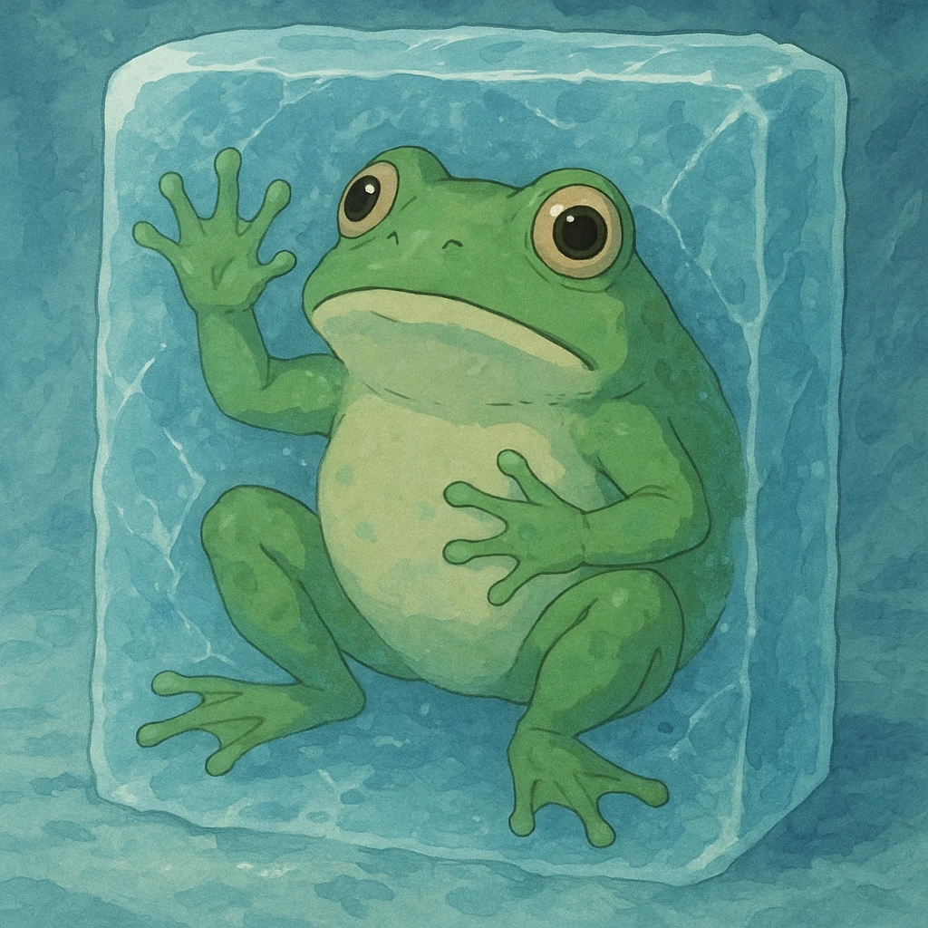 frog frozen in ice, ghibli style emoji