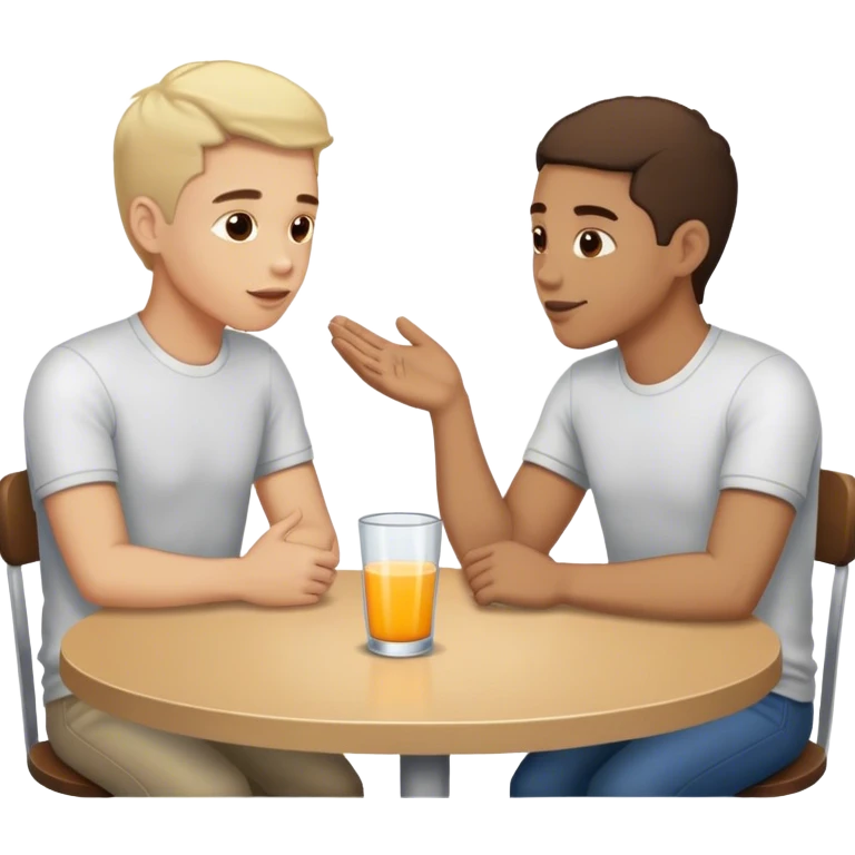 two men sitting at a table talking to each other emoji